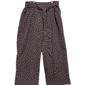 POPSUGAR Womens Black Cherry Print‎ Wide Leg Capri culottes Pants Sz S statement